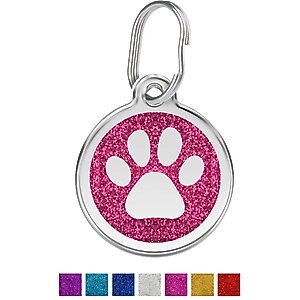 Red Dingo Glitter Paw Print Stainless Steel Personalized Dog & Cat ID Tag, Pink, Large