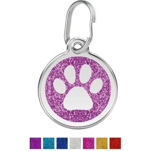 Red Dingo Glitter Paw Print Stainless Steel Personalized Dog & Cat ID Tag, Purple, Medium