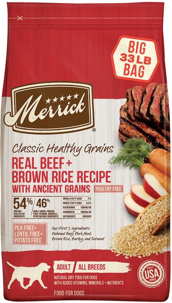 Merrick Classic Healthy Grains Real Beef + Brown Rice Recipe with Ancient Grains Adult Dry Dog Food, 33-lb bag slide 1 of 10
