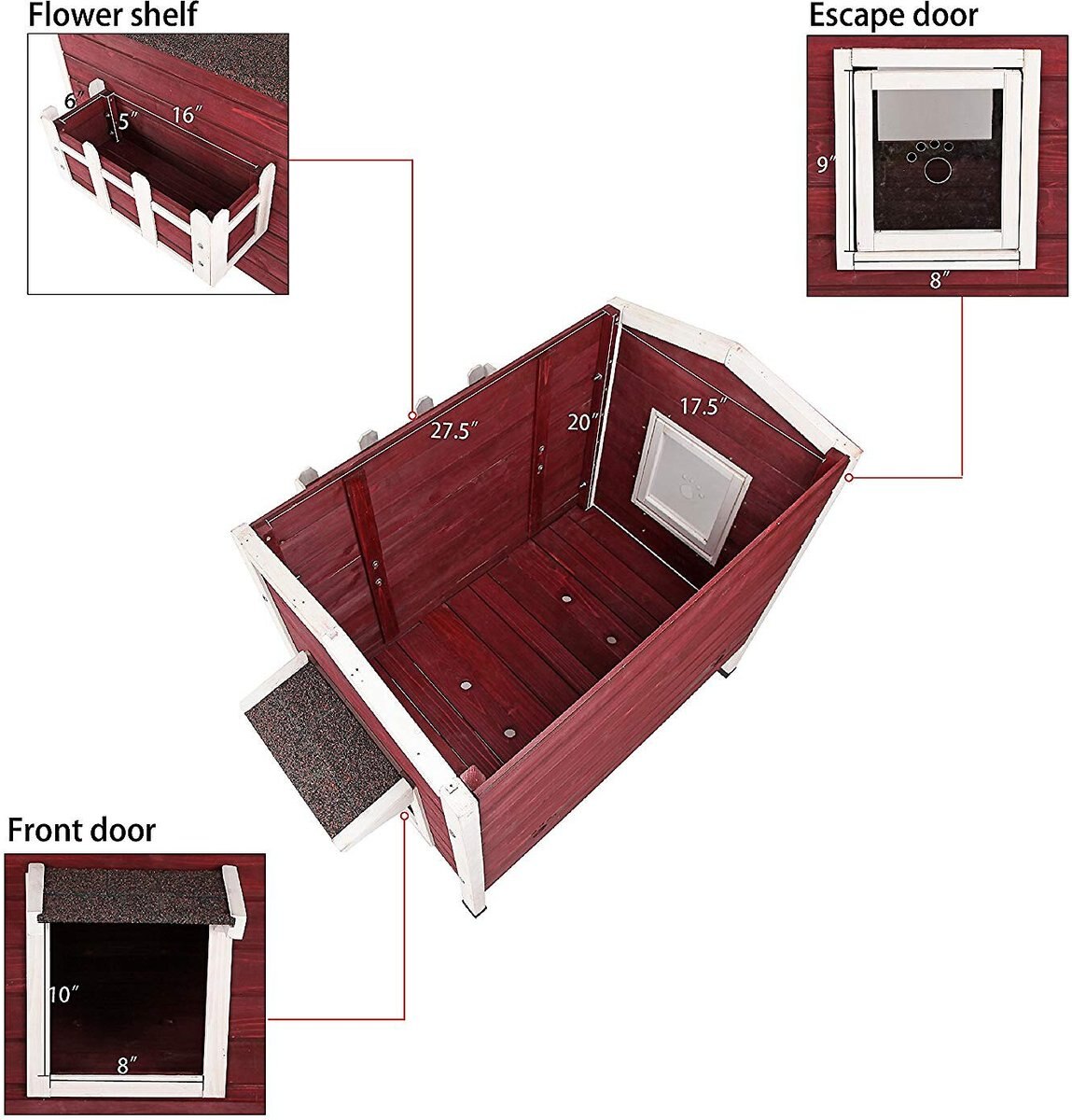 PETSFIT Weatherproof Outdoor Cat House with Stairs, Red