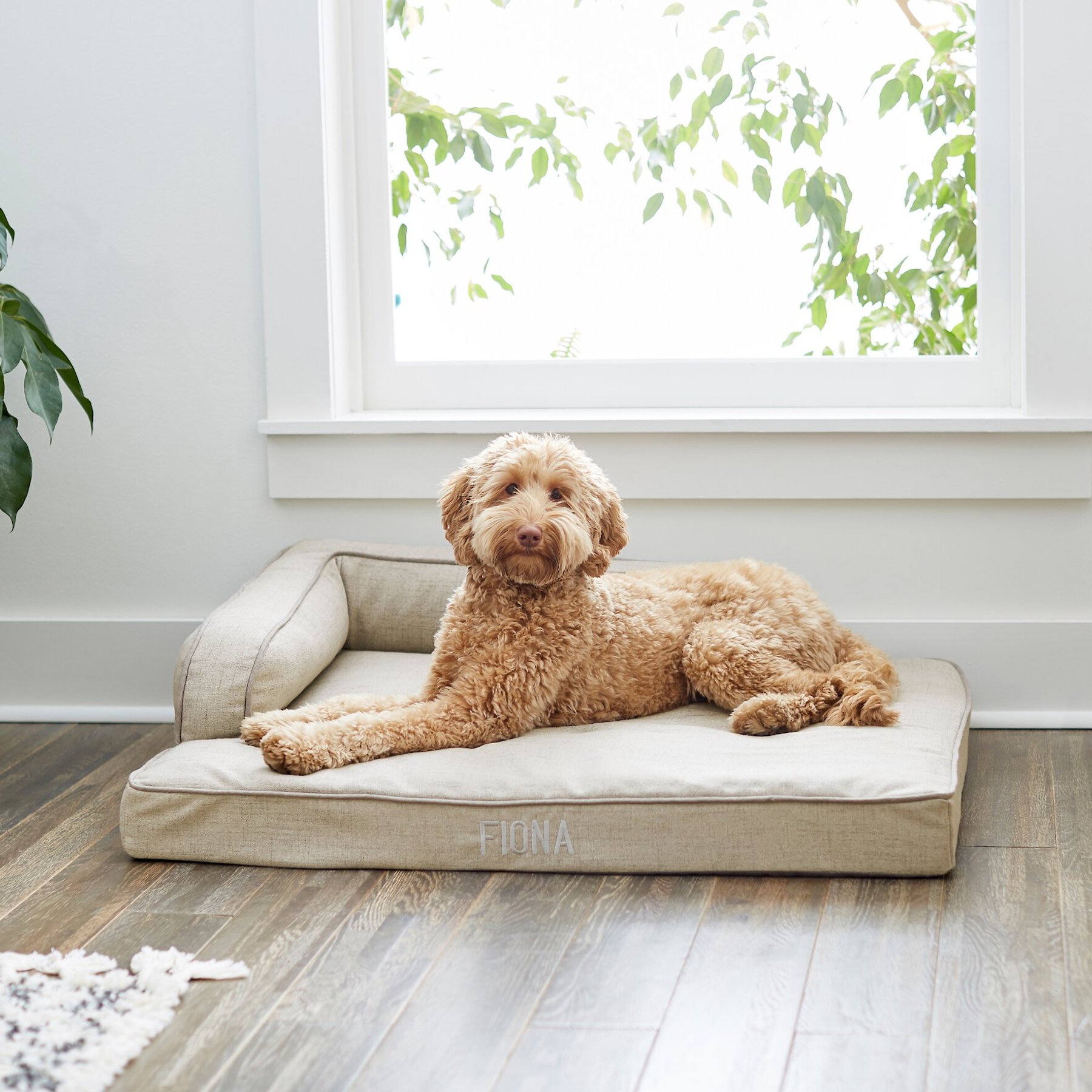 Frisco Faux Linen Personalized Corner Bolster Dog Bed with Removable Cover