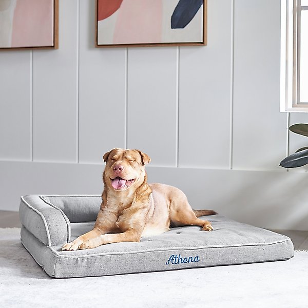 Frisco Faux Linen Corner Personalized Bolster Dog Bed w/Removable Cover, Harbour Blue, XL slide 1 of 7