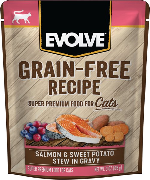 Evolve Salmon & Sweet Potato Stew in Gravy Grain-Free Wet Pouch Cat Food, 3-oz pouch, case of 24 slide 1 of 8