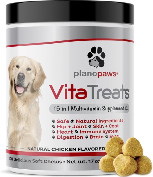 Plano Paws Vita Treats 15 in 1 Multivitamins Natural Chicken Flavor Soft Chews Dog Supplement, 120 count slide 1 of 6