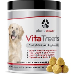 Plano Paws Vita Treats 15 in 1 Multivitamins Natural Chicken Flavor Soft Chews Dog Supplement, 120 count