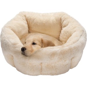 FurHaven Luxury Faux Fur Self-Warming Hi-Lo Donut Cat & Dog Bed, Cream, Medium