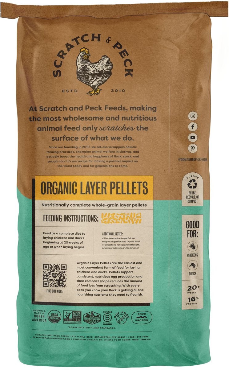 SCRATCH AND PECK FEEDS Organic Chicken & Duck Feed 16 Layer Pellets, 25lb bag