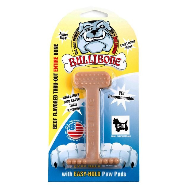 and Permeated with Flavor Improves Dental Hygiene Bullibone Nylon Dog Chew Toy Nylon Bone Beef, Large - Single Easy to Grip Bottom 