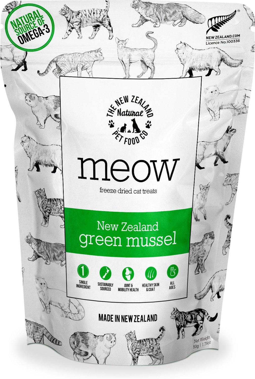 THE NEW ZEALAND NATURAL PET FOOD CO. Meow Green Lipped Mussels FreezeDried Cat Treat, 1.76oz
