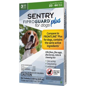 Sentry Fiproguard Plus Squeeze-On Flea & Tick Treatment For Dogs, 23 - 44lbs, 3 treatments(3-Month Protection)