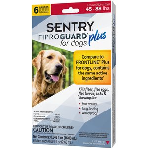 Sentry Fiproguard Plus Squeeze-On Dog Flea & Tick Treatment, 45 - 88lbs, 6 treatments(6-Month Protection)