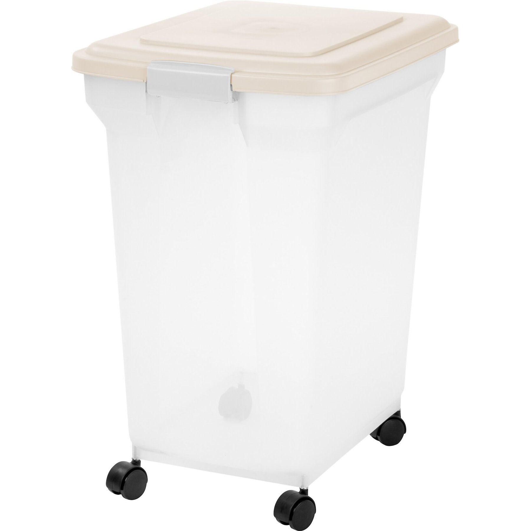 Discontinued IRIS USA WeatherPro Airtight Dog Cat Bird Small Pet Food Storage Bin Container with Attachable Casters Off White Clear 45 lbs 55 qt Chewy