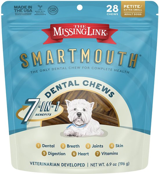 The Missing Link Smartmouth Dental Chews for X-Small & Small Dogs, 5-15 lbs, 28 count slide 1 of 5