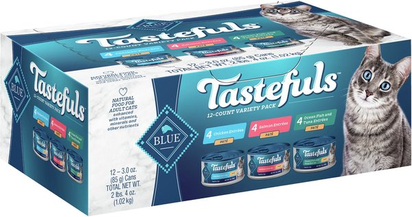 Blue Buffalo Tastefuls Salmon, Chicken, Ocean Fish & Tuna Entrées Variety Pack Pate Wet Cat Food, 3-oz can, case of 12 slide 1 of 6