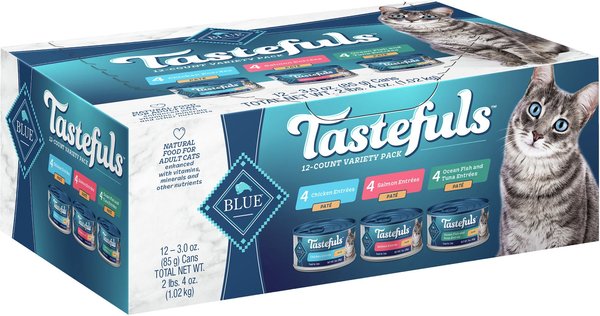 Blue Buffalo Tastefuls Salmon Chicken Ocean Fish Tuna Entr es Variety Pack Pate Wet Cat Food 3 oz can case of 12