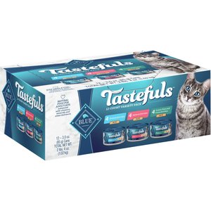 Blue Buffalo Tastefuls Salmon, Chicken, Ocean Fish & Tuna Entrées Variety Pack Pate Wet Cat Food, 3-oz can, case of 12
