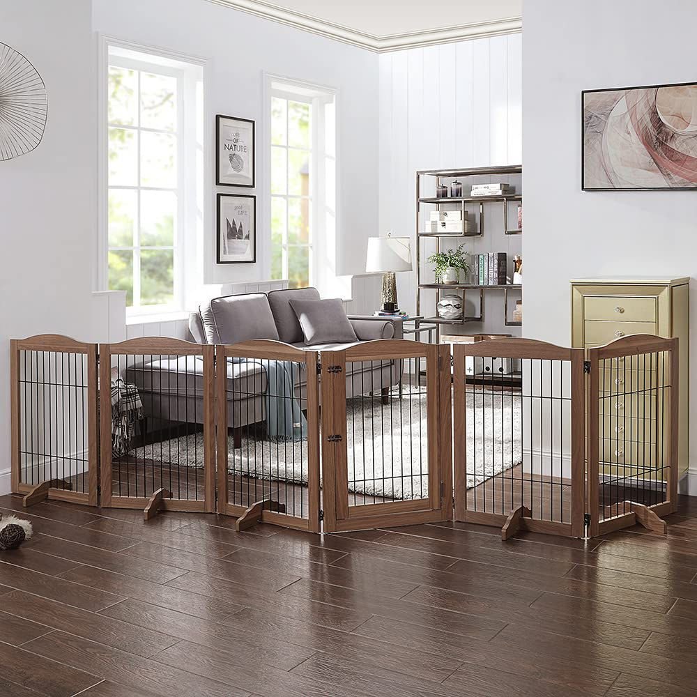 Dog Playpen, 6-Panel, Espresso 6 Panels Freestanding Walk Through Dog Gate with 4 Support Feet Foldable Stairs Barrier Pet Exercise Pen for Dogs Cats Pets unipaws Pet Playpen with Wooden Construction and Wire 