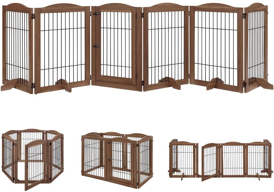 unipaws Pet Playpen with Wood and Wire Foldable Stairs Barrier Pet Exercise Pen for Dogs Cats 6 Panels Freestanding Walk Through Dog Gate with 4 Support Feet 