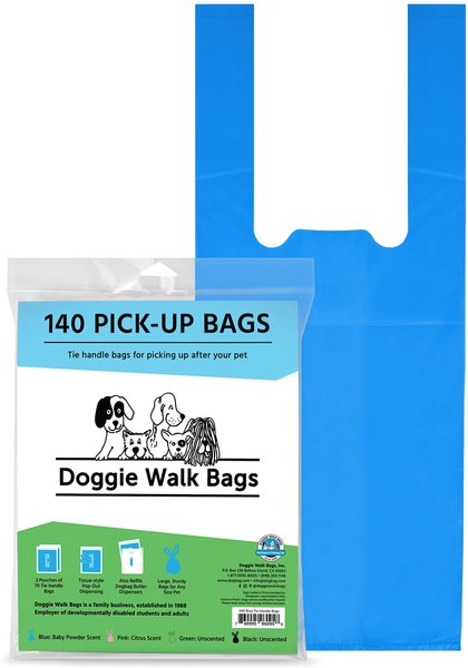 Doggie Walk Bags Baby Powder Scented Tie Handle Dog Poop Bags, Blue