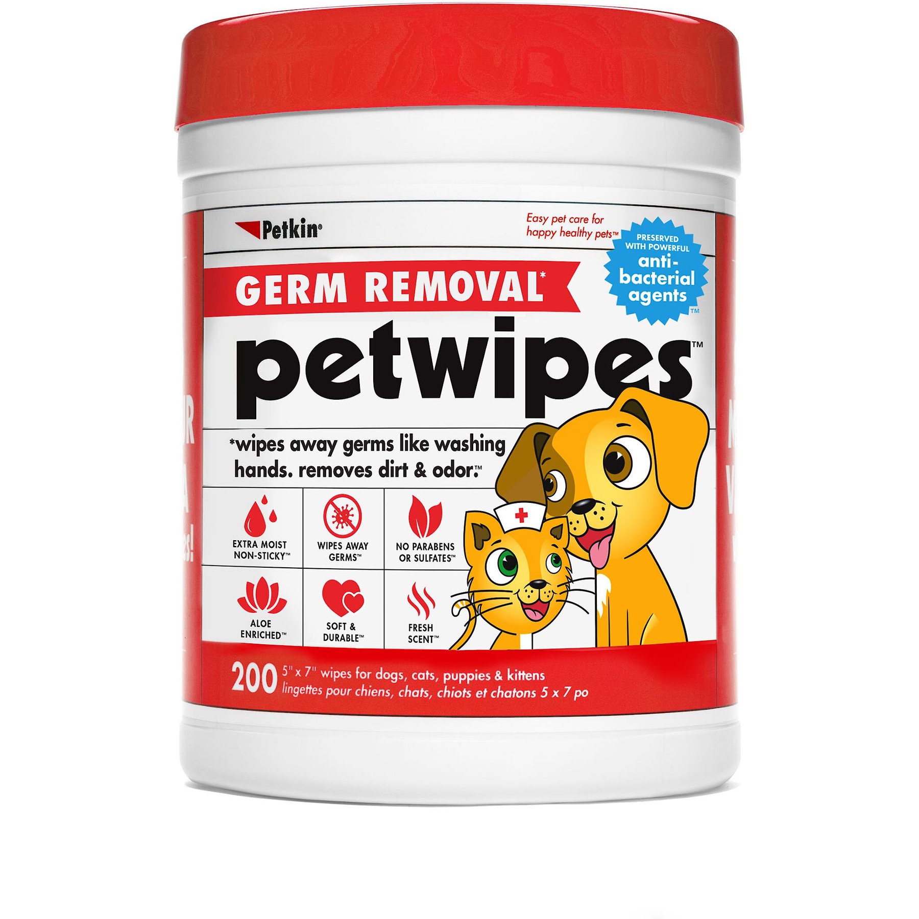 PETKIN Petwipes Germ Removal Antibacterial Dog Cat Wipes 200 count Chewy