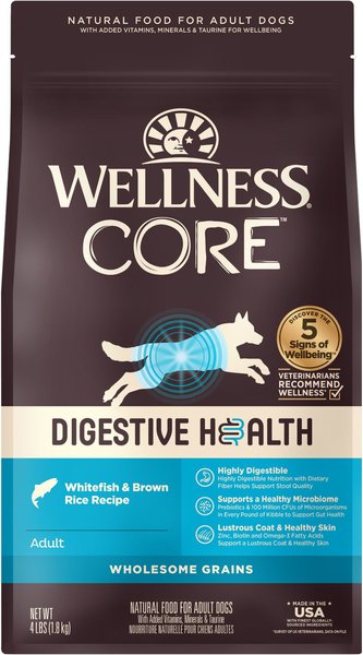 Wellness CORE Digestive Health Wholesome Grains Whitefish & Brown Rice Recipe Dry Dog Food, 4-lb bag slide 1 of 10