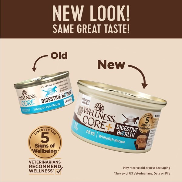Wellness CORE+ Digestive Health Whitefish Pate Grain-Free Natural Wet Cat Food, 3-oz can, case of 12