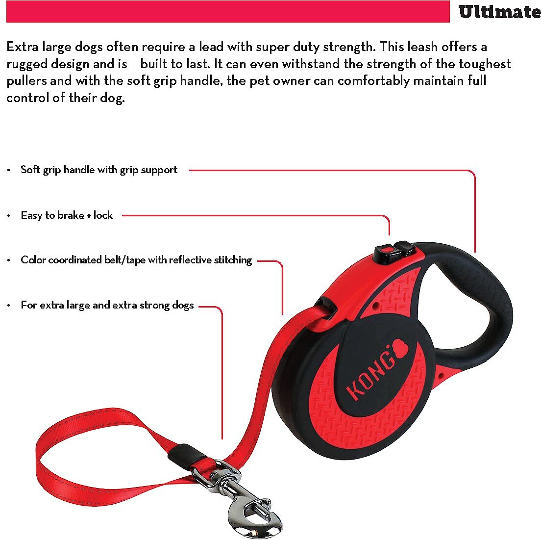 KONG RETRACTABLE Ultimate Reflective Retractable Dog Leash, Red, X