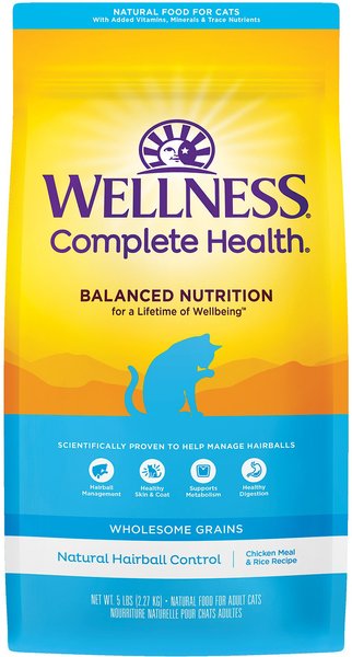 Wellness Natural Hairball Control Chicken Meal & Rice Recipe Dry Cat Food, 5-lb bag slide 1 of 8
