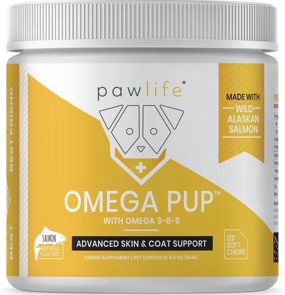 Pawlife Omega Pup Advanced Skin & Coat Support Salmon Flavor Soft Chews Dog Supplement, 120 count slide 1 of 4