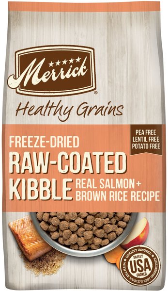 Merrick Healthy Grains Raw-Coated Kibble Real Salmon + Brown Rice Recipe Freeze-Dried Dry Dog Food, 4-lb bag slide 1 of 8