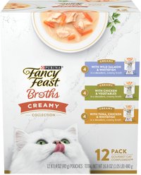 Purina Fancy Feast Lickable Broth Topper Complement Creamy Variety Pack Wet Cat Food Topper, 1.4-oz pouch, case of 12