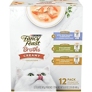 Purina Fancy Feast Lickable Broth Topper Complement Creamy Variety Pack Wet Cat Food Topper, 1.4-oz pouch, case of 12