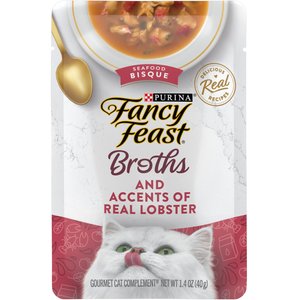Fancy Feast Broths Seafood Bisque & Accents of Real Lobster Grain-Free Cat Food Topper, 1.4-oz, case of 16