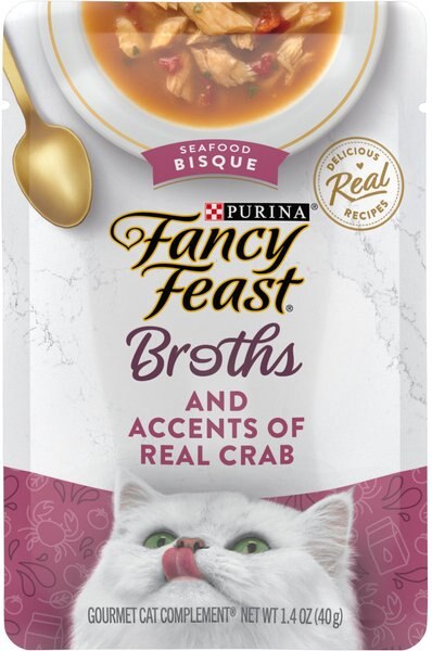 Fancy Feast Broths Seafood Bisque & Accents of Real Crab Grain-Free Cat Food Topper, 1.4-oz, case of 16 slide 1 of 8