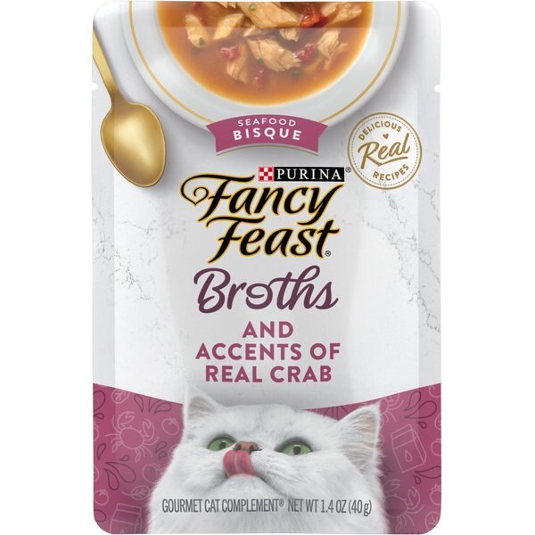 Fancy Feast Broths Seafood Bisque & Accents of Real Crab Grain-Free Lickable Cat Food Topper