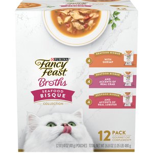 Fancy Feast Broths Seafood Bisque Complement Variety Pack Grain-Free Lickable Wet Cat Food Topper, 1.4-oz pouch, case of 12
