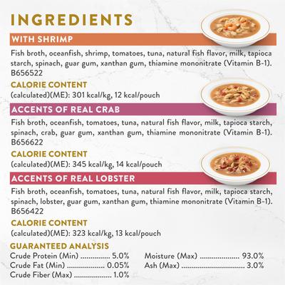 Show full view: Fancy Feast Broths Seafood Bisque Complement Variety Pack Grain-Free Lickable Wet Cat Food Topper, 1.4-oz pouch, case of 12 slide 5 of 8