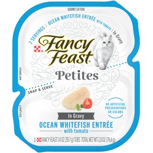 Fancy Feast Petites In Gravy Ocean Whitefish with Tomato Entree Grain-Free Wet Cat Food, 24 Servings, 2.8-oz, case of 12
