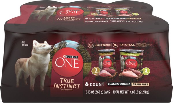Purina ONE SmartBlend True Instinct Classic Ground Grain-Free Variety Pack Canned Dog Food, 13-oz can, case of 12 slide 1 of 11
