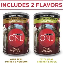 Purina ONE SmartBlend True Instinct Classic Ground Grain-Free Variety Pack Canned Dog Food, 13-oz can, case of 12 slide 2 of 9