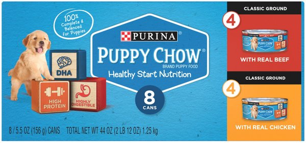 Purina Puppy Chow Pate Real Beef & Chicken Wet Puppy Food Variety Pack, 5.5-oz can, case of 8 slide 1 of 10