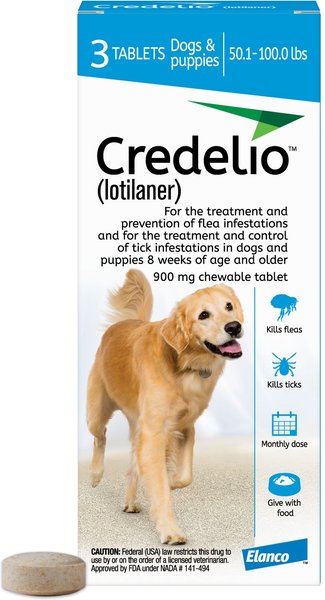Credelio Chewable Tablet for Dogs, 50.1-100 lbs, (Blue Box), 3 Chewable Tablets (3-mos. supply) slide 1 of 9