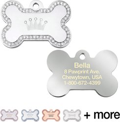Quick-Tag Diva Bone & Etched Crown Personalized Dog ID Tag, Silver
