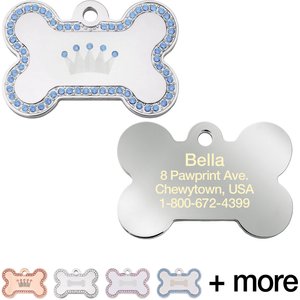 Quick-Tag Diva Bone & Etched Crown Personalized Dog & Cat ID Tag, Silver & Blue