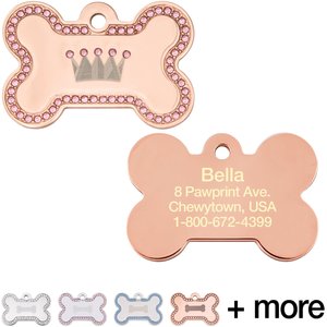 Quick-Tag Diva Bone & Etched Crown Personalized Dog ID Tag, Rose Gold & Pink