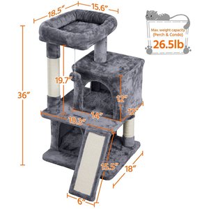 Yaheetech 3 Tiers 36-in Plush Cat Tower with Double Cat Condo, Dark Gray