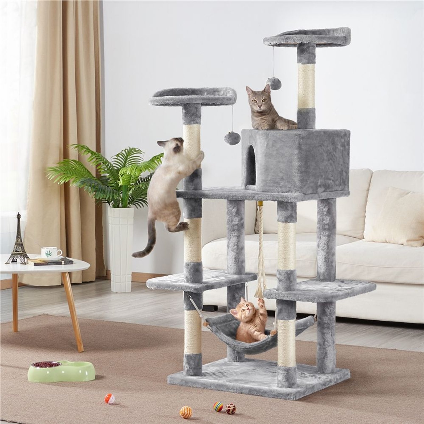 YAHEETECH 58-in Plush Cat Tree & Condo, Light Gray - Chewy.com