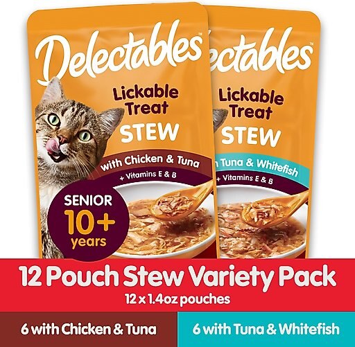 Hartz Delectables Senior Stew Variety Pack Lickable Cat Treats, 1.4-oz pouch, case of 12