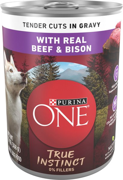 Purina ONE SmartBlend True Instinct Tender Cuts In Gravy Real Beef & Bison Wet Dog Food, 13-oz can, case of 12 slide 1 of 10