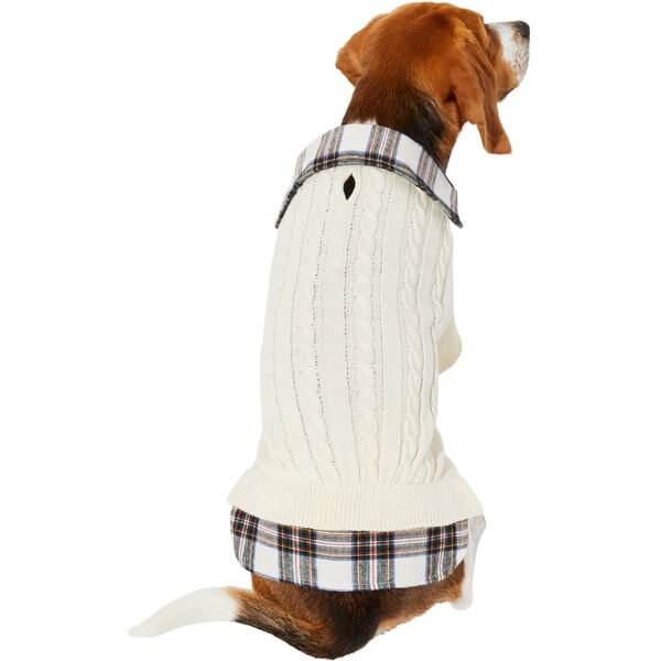 FRISCO Cream Cable Knit Dog & Cat Sweater, White/Red Plaid, Medium